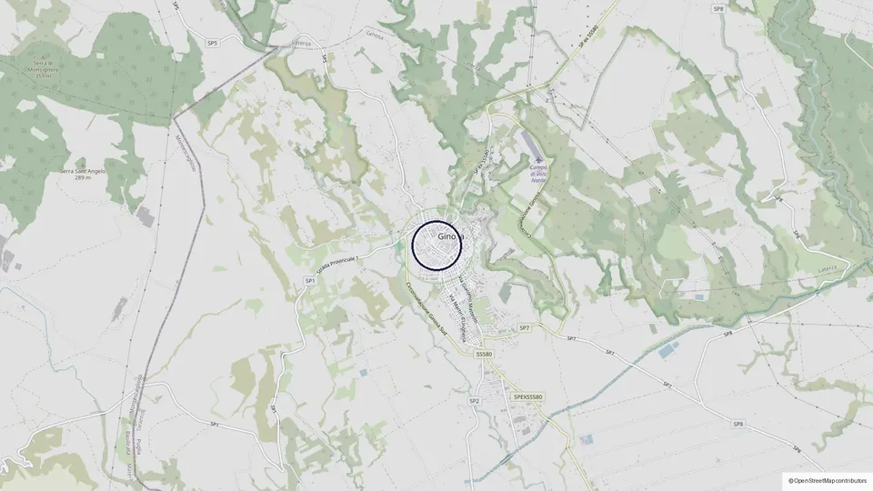 Mappa di Ginosa, in provincia di Taranto, con il centro del paese cerchiato